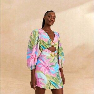 farm rio blue macaw mini dress Farm Rio Macaw Print Mini Wrap Dress In Blue Multi Size S